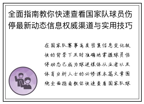 全面指南教你快速查看国家队球员伤停最新动态信息权威渠道与实用技巧